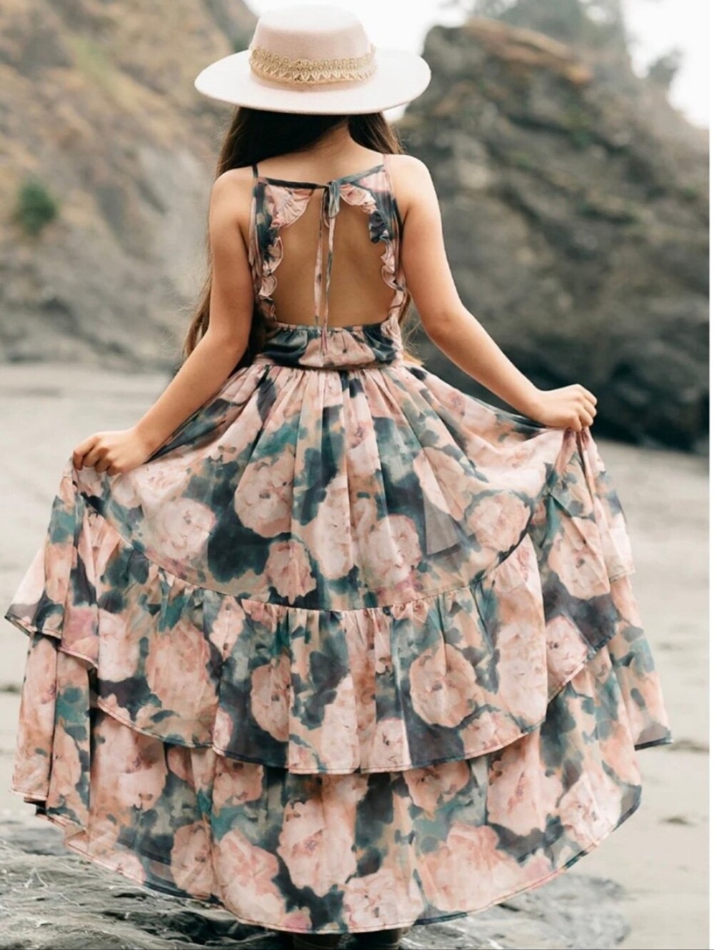 Joyfolie Floral Tie-Dye Ruffle Maxi Dress - Pink & Green